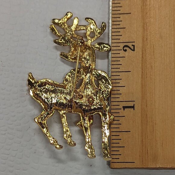 Vintage Gold-Tone Enamel Reindeer Brooch Pin With Red Bow & Wreath - Picture 2 of 2